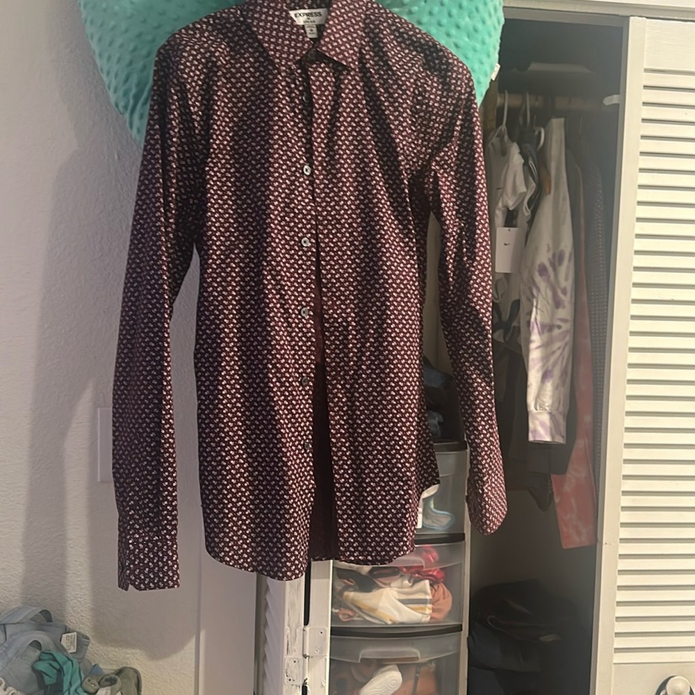 Express Red Casual Button Down Shirt with Polka Dot Pattern